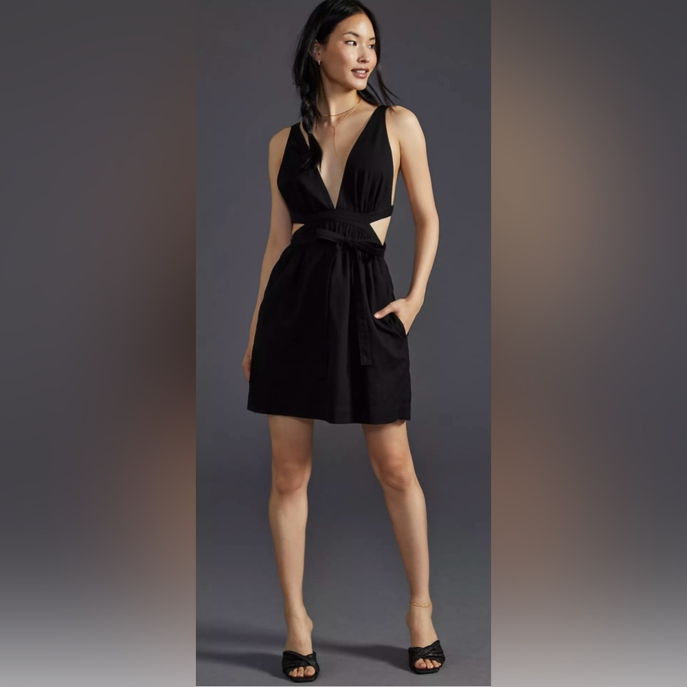 New Anthropologie Tie-Waist Linen Blend Mini Dress In Black Size L